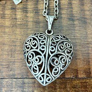 Silver Tone Filagree Heart Necklace 19" Long